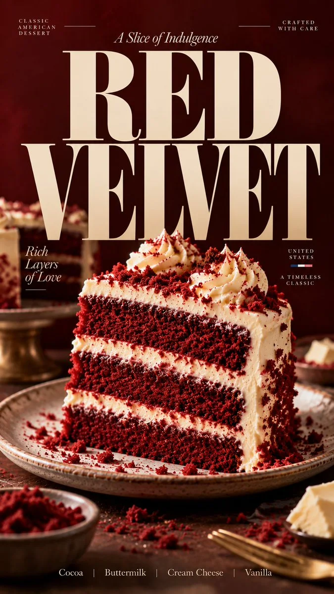 Premium red velvet cake editorial poster with oversized elegant serif `RED VELVET` typography, a layered cake slice, cream-cheese frosting, and ingredient details.
