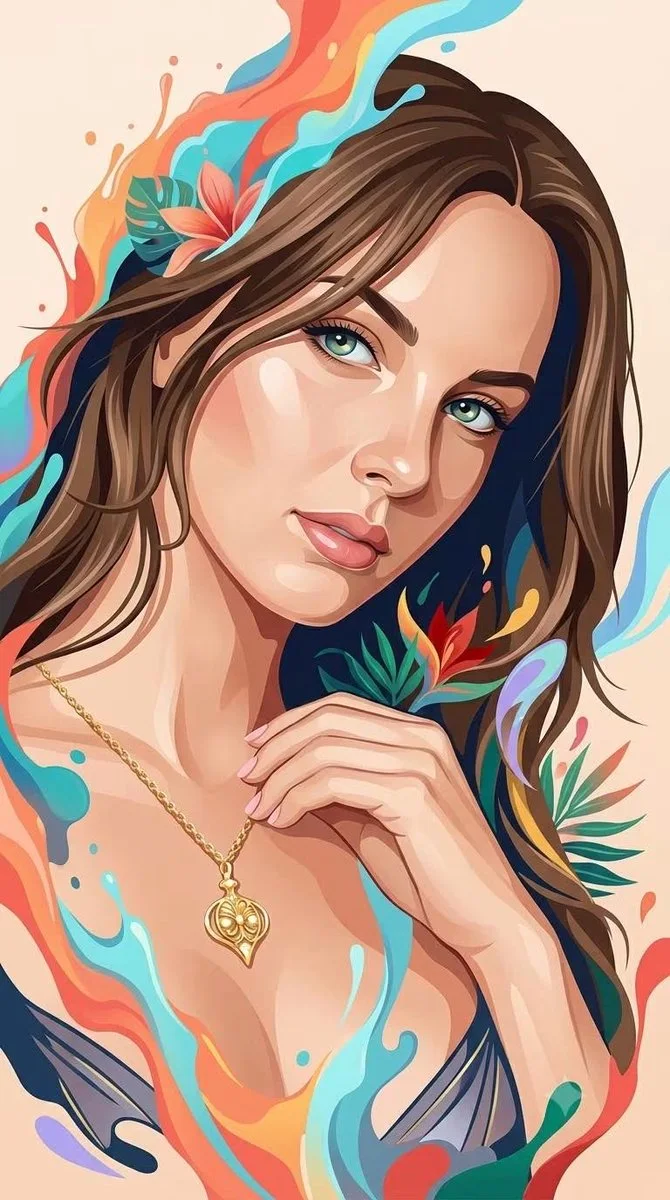 A glossy 3D/vector fantasy portrait of a woman with luminous blue eyes, flowing brown hair, tropical leaves and colorful coral/turquoise paint splashes on a warm clean backdrop.