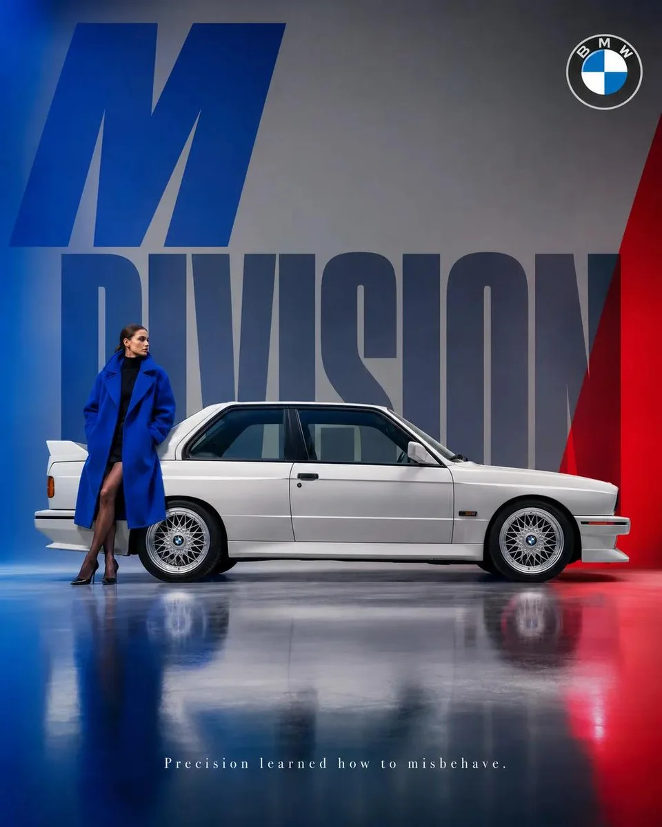 A refined automotive campaign poster blending a real vintage car silhouette with a confident character and a clean refined layout.