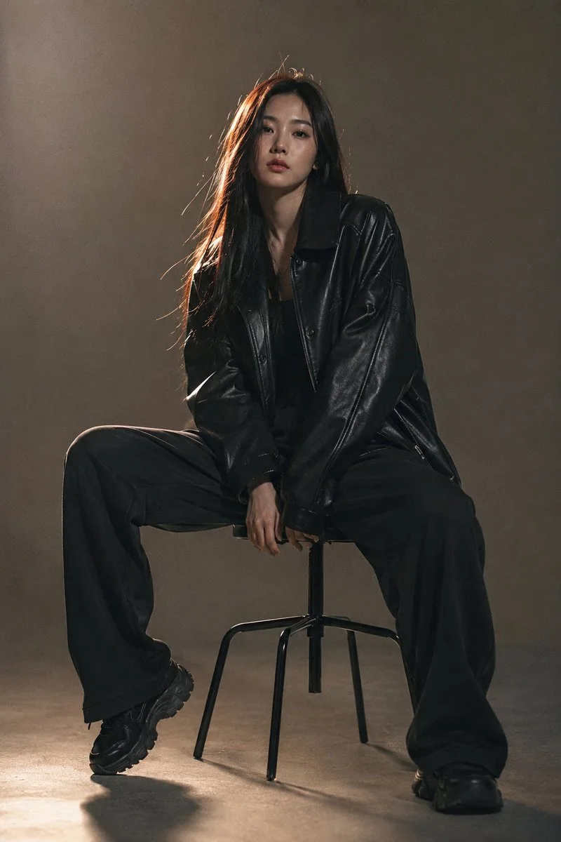 A cinematic studio fashion portrait of an adult East Asian woman seated on a simple stool, wearing an oversized black leather jacket, black baggy trousers and black shoes under warm backlight.