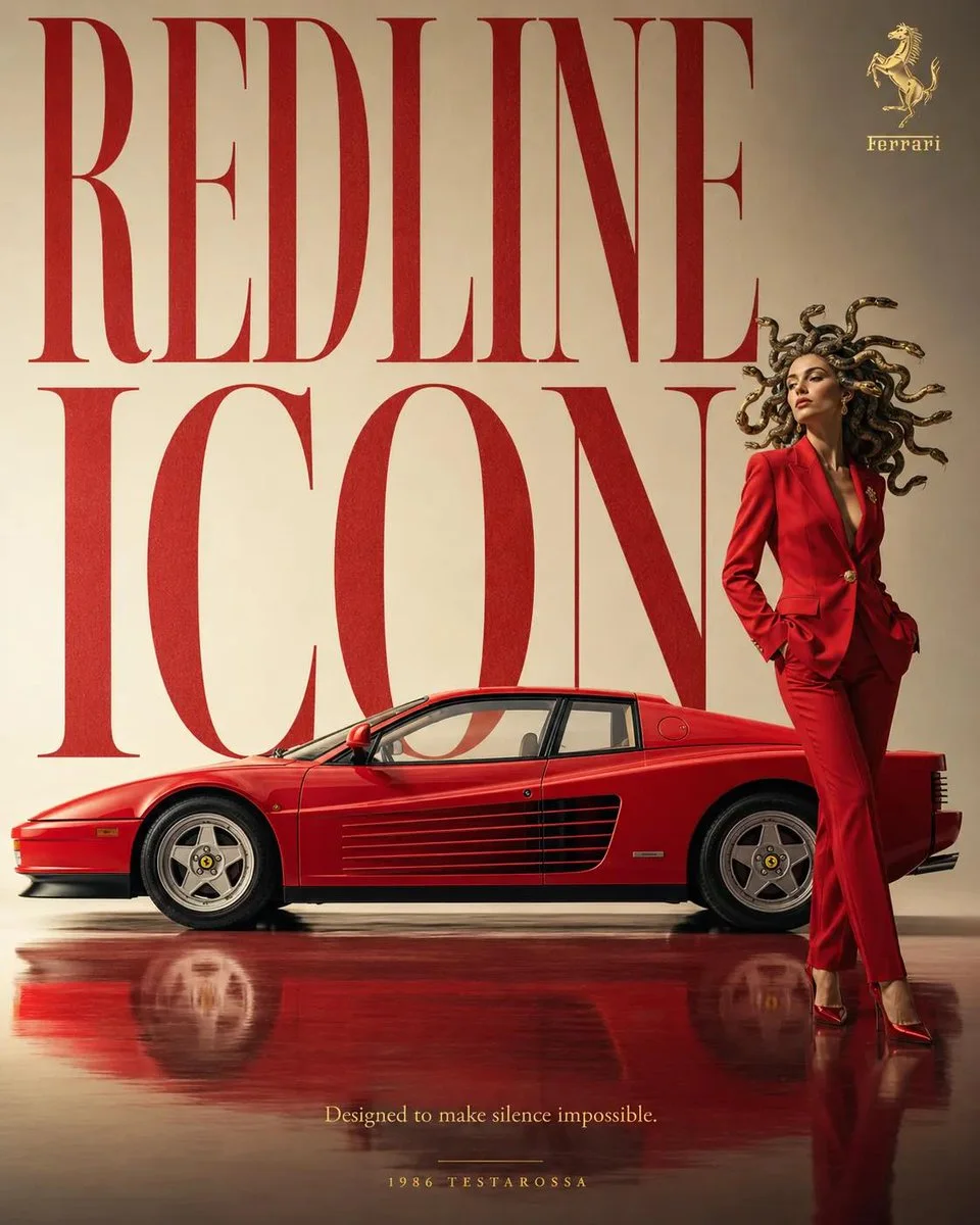 A vertical surreal car poster with strong negative space, cinematic studio lighting, and oversized editorial typography behind a classic car.