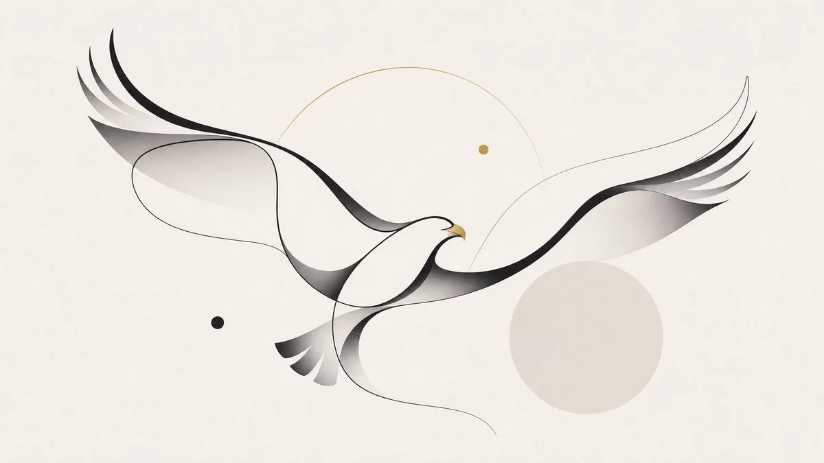 A minimalist continuous-form flying bird illustration made from sweeping black sculptural lines, subtle gray wing shading, geometric circles, and a small gold accent on a cream background.