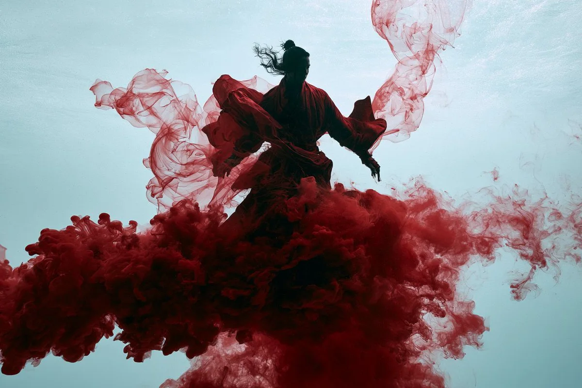 A dark figure in red clothing suspended above a dense red ink cloud against a pale blue aquatic background.