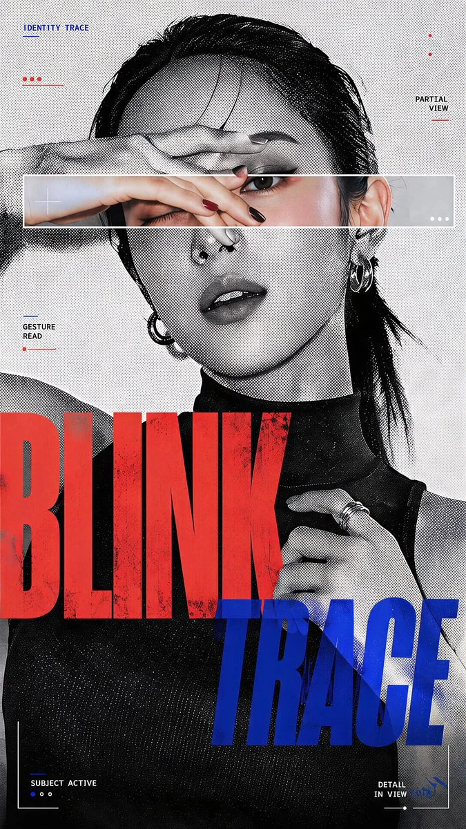 A Blink Trace experimental character poster with a black-and-white halftone portrait, a horizontal color scan window across the eyes and hand gesture, oversized red and blue typography, and identity-system labels.