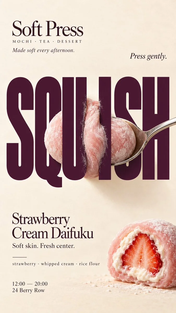 A cream editorial poster where soft strawberry mochi is compressed through rigid plum letters spelling SQUISH.