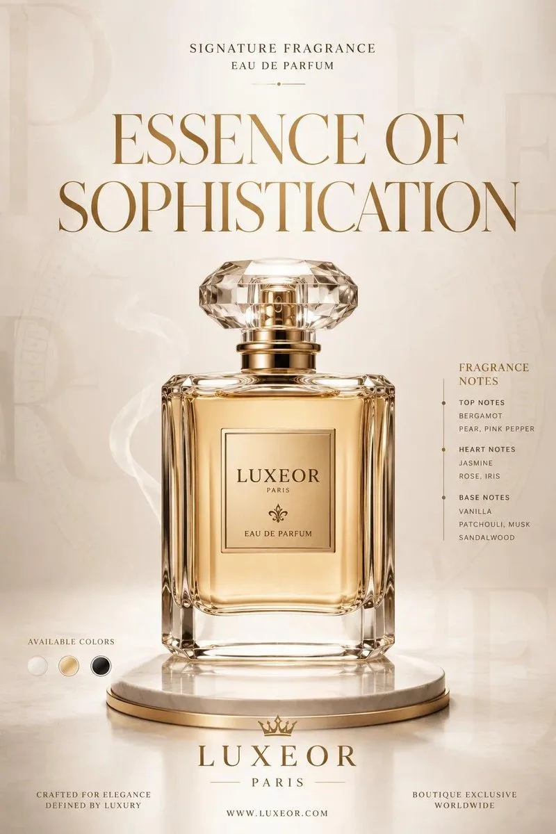 A minimalist luxury campaign poster variation with a centered product, elegant serif typography, and refined color indicators.