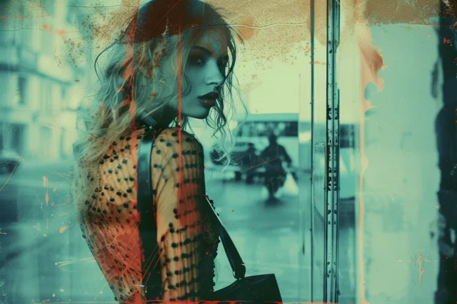 A fashionable woman rendered as a haunting illustrated Polaroid with layered urban reflections.