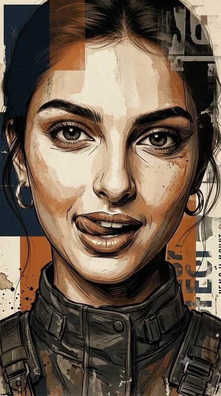 A cinematic concept-art poster of a woman in a dark jacket on a distressed orange-and-navy background with bold typography.