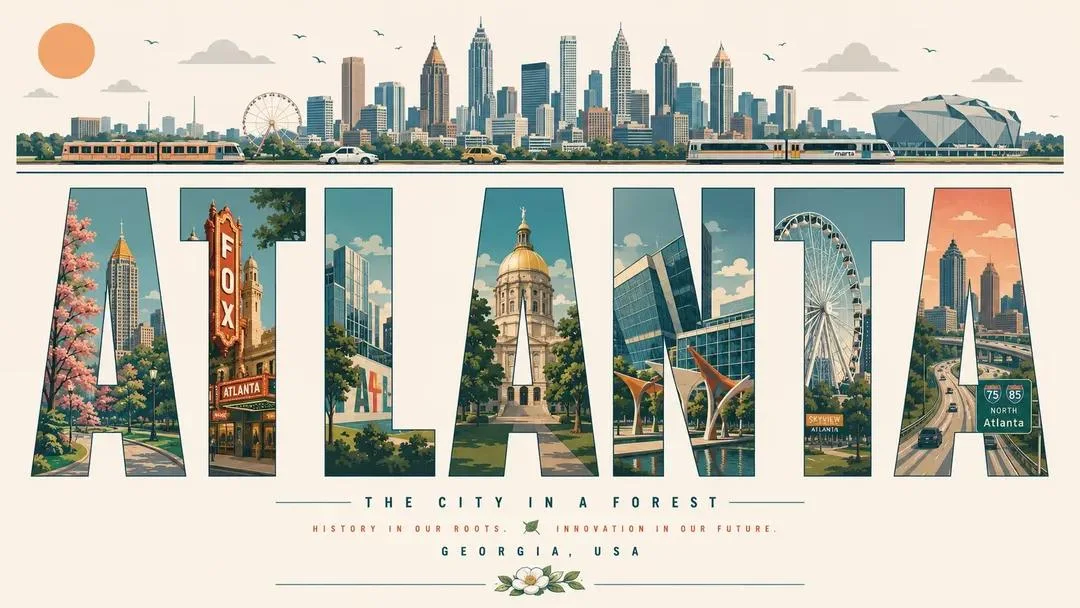 A typography-based travel poster for Atlanta, with large letters filled by city landmarks, skyline, transit, highway, and clean flat vector scenes.