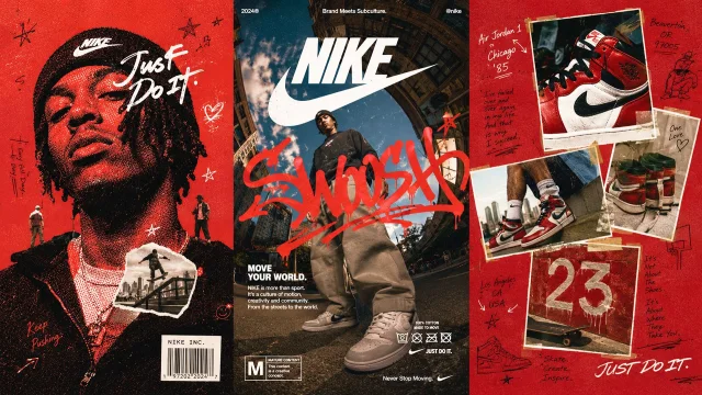 A wide-format streetwear collage triptych of three panels unified by a brand color, with analog grain, risograph halftone, graffiti tags, and hand-drawn elements.