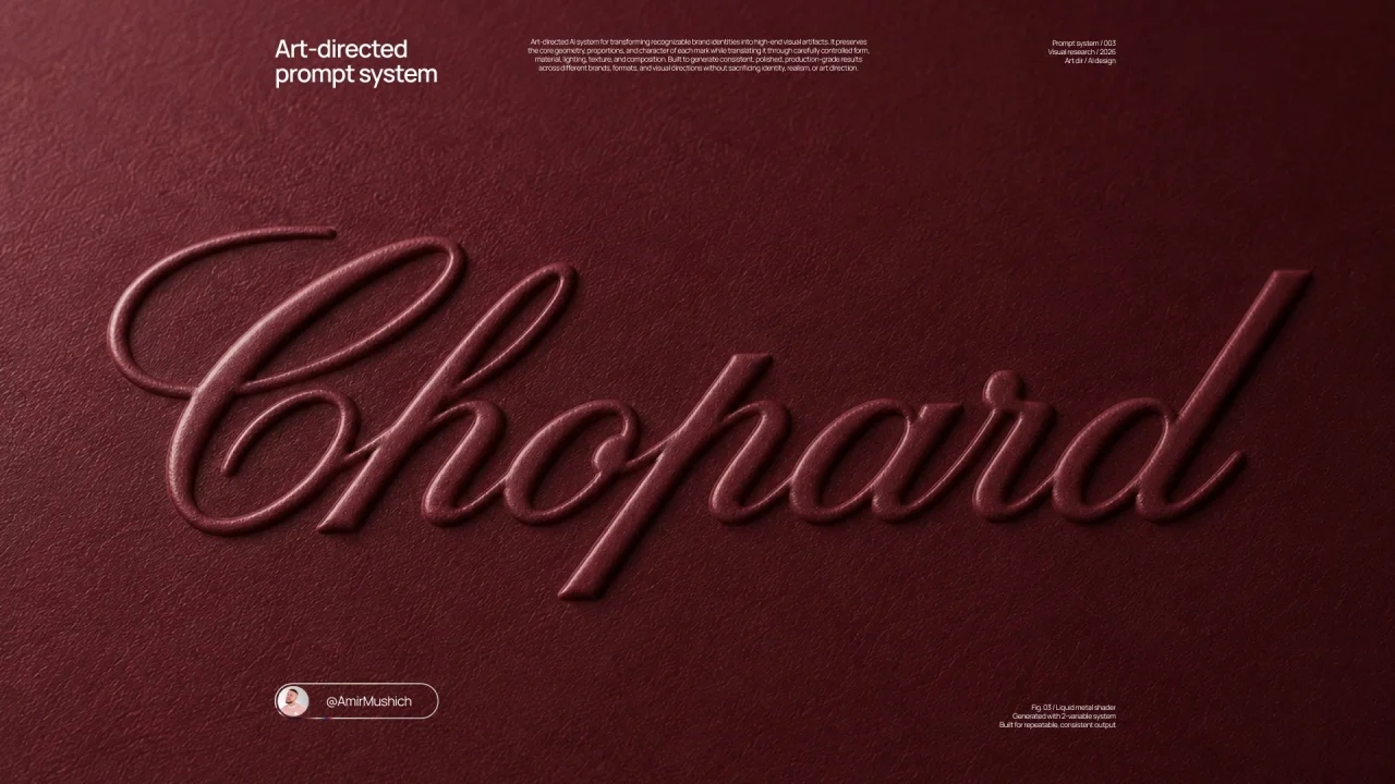 Red paper close-up with a blind embossed Chopard wordmark, presented as an art-directed prompt system example.