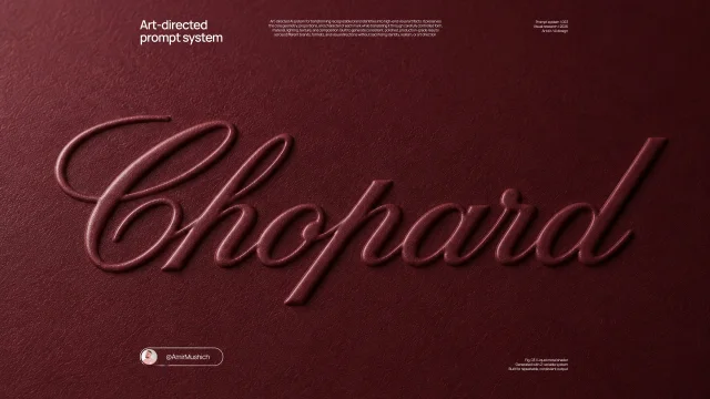 Red paper close-up with a blind embossed Chopard wordmark, presented as an art-directed prompt system example.