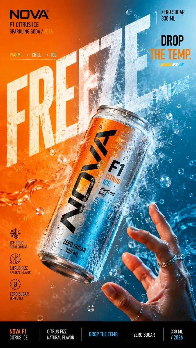 A bold soda campaign poster where a can passes through FREEZE typography and transforms from warm orange into icy blue with splashing water.