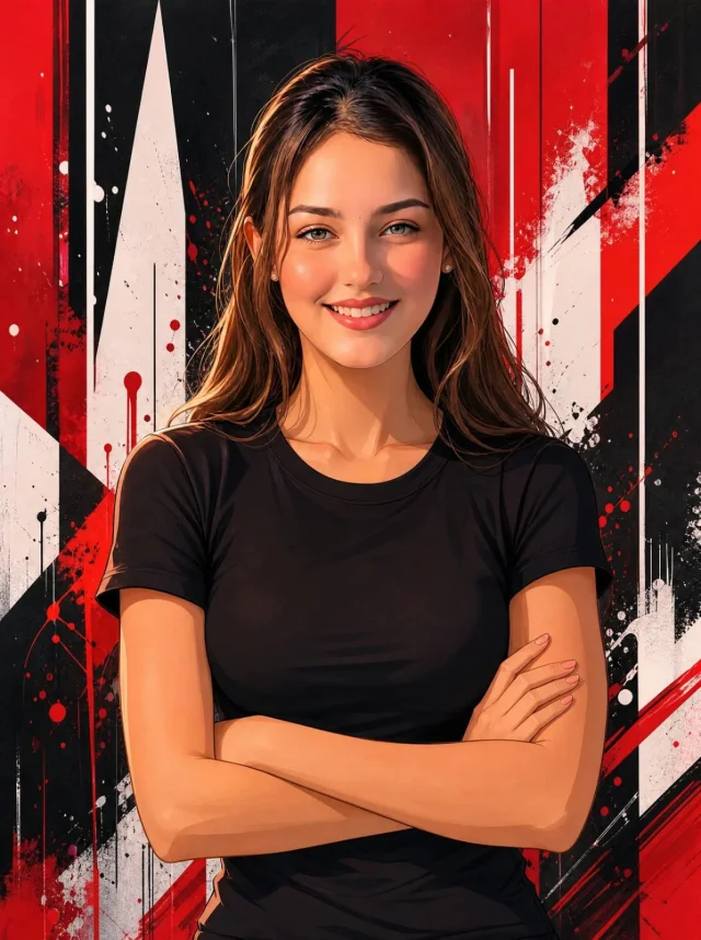 A premium anime-style vertical portrait of a person in a fitted black t-shirt with crossed arms, posed against a bold red, black, and white abstract geometric graffiti background.