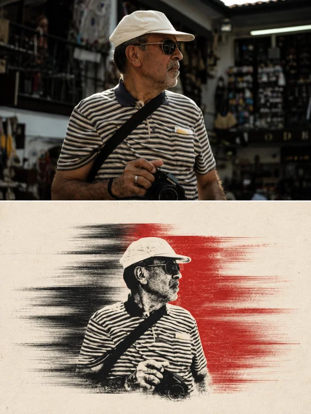 A Thai street portrait above a black-and-vermilion screenprint transformation with horizontal motion strokes.