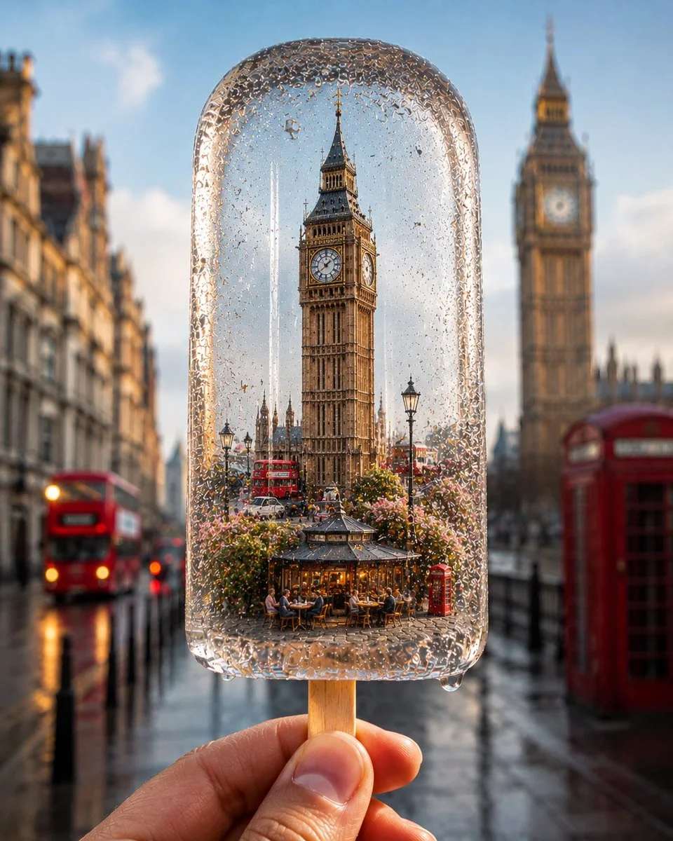 A hand holds a clear ice popsicle containing a miniature London/Big Ben scene, with red buses and phone booth blurred behind it.