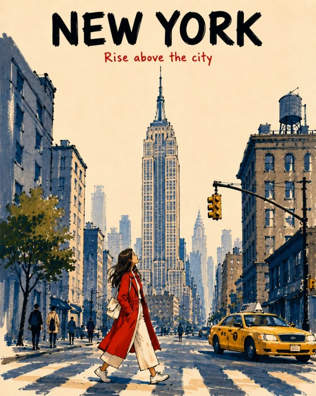 A warm hand-drawn alcohol-marker New York travel poster showing the Empire State Building from a low street viewpoint, bold black marker title, red phrase text, yellow taxi, and a woman in a red coat crossing the foreground.