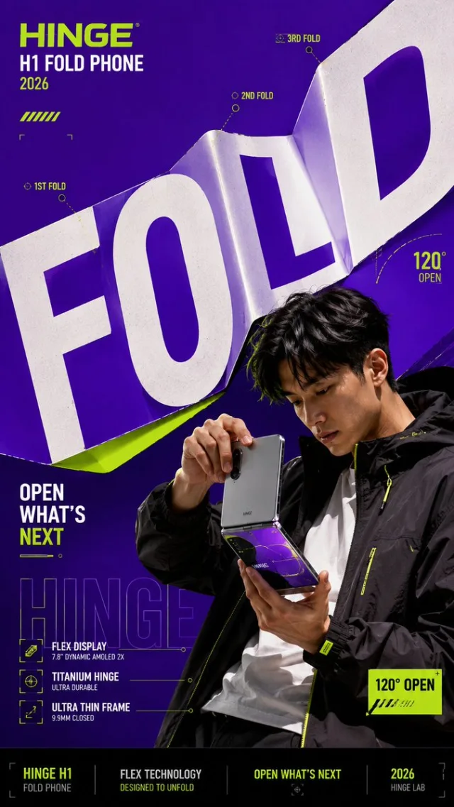 A bold HINGE phone campaign poster where the giant word FOLD is creased like paper behind a man holding a folding phone on a purple and neon green layout.