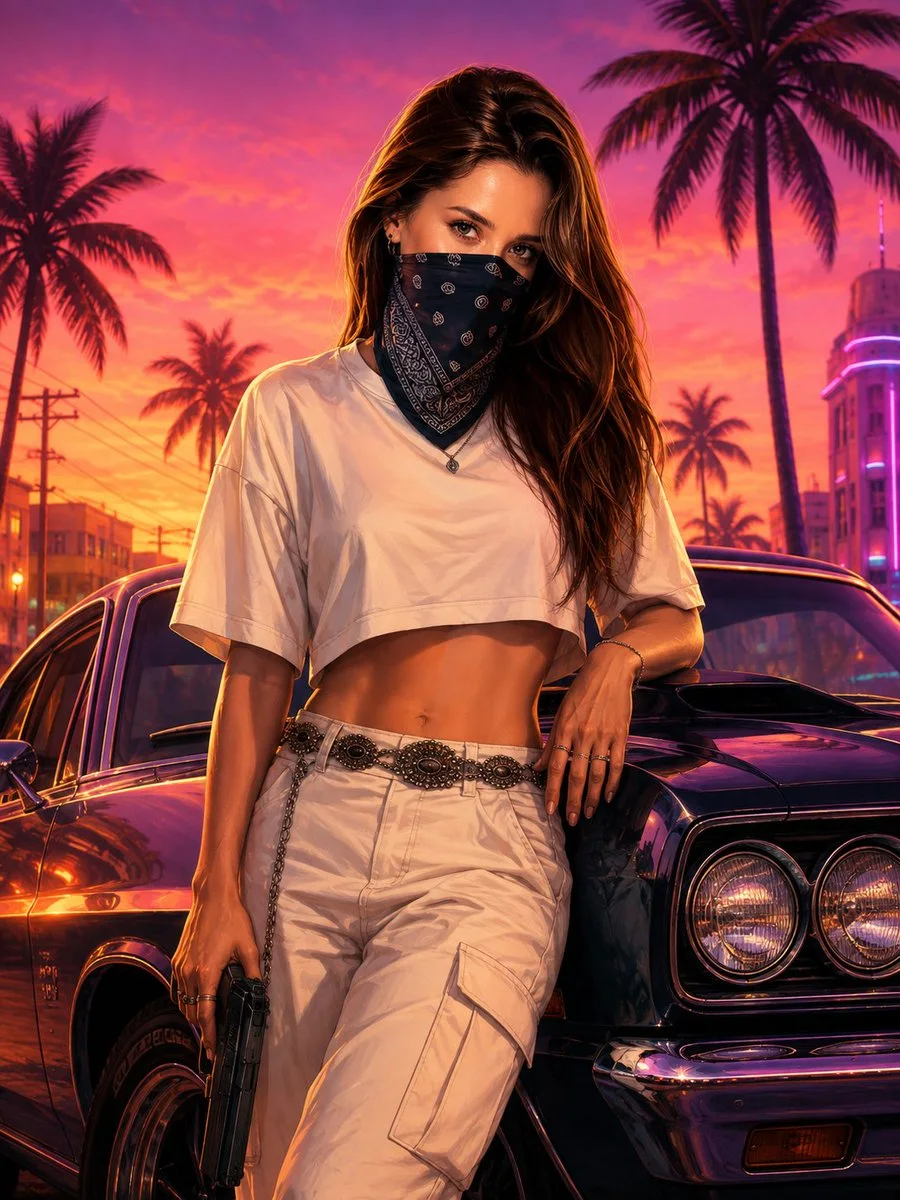 A masked brunette female character in white streetwear leans on a black muscle car at a tropical neon sunset, holding a handgun downward.
