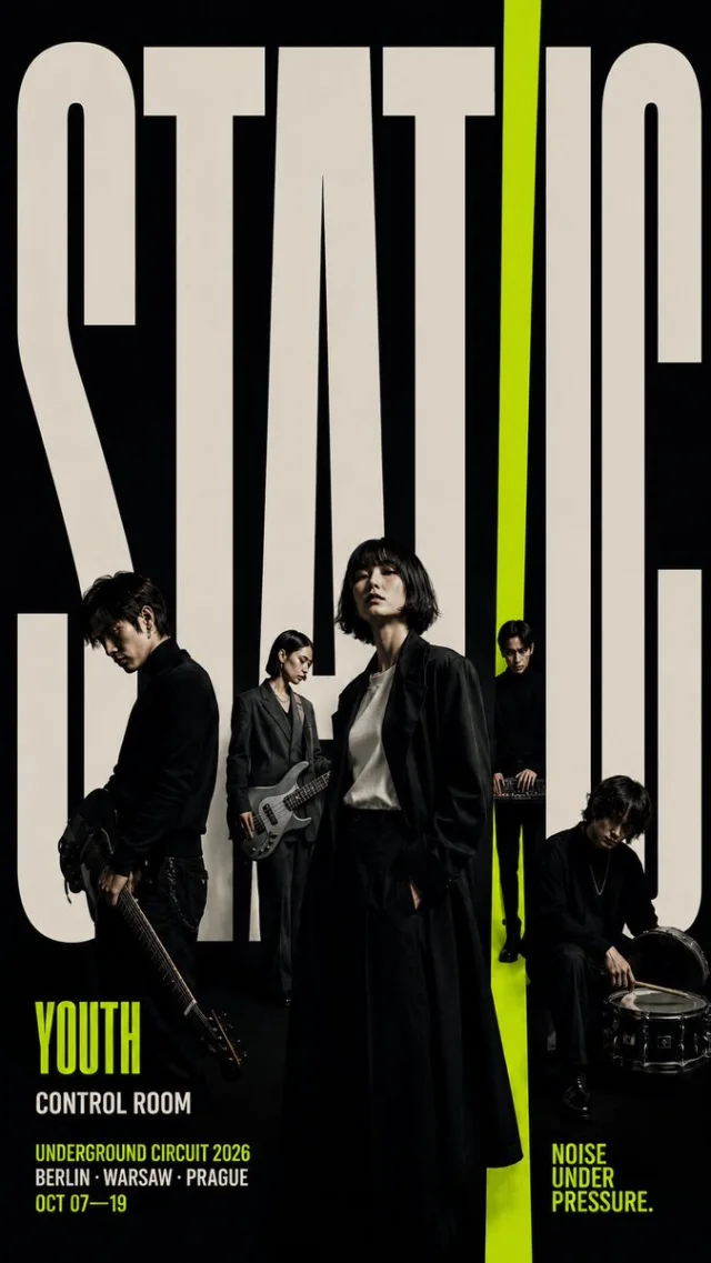 A bold 9:16 group poster where giant letters occupy most of the frame and characters stand inside and around the typography with one accent color.
