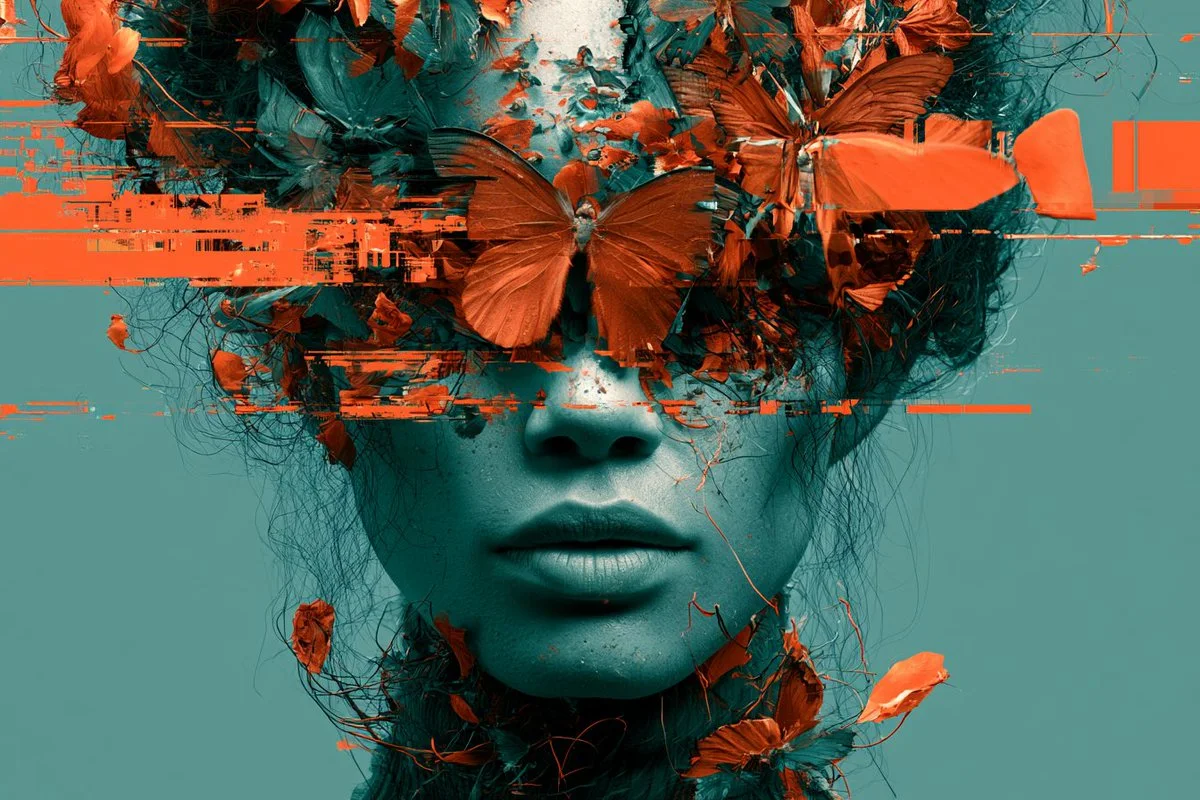 A teal-faced surreal collage portrait with orange butterfly/glitch fragments and horizontal datamosh streaks.