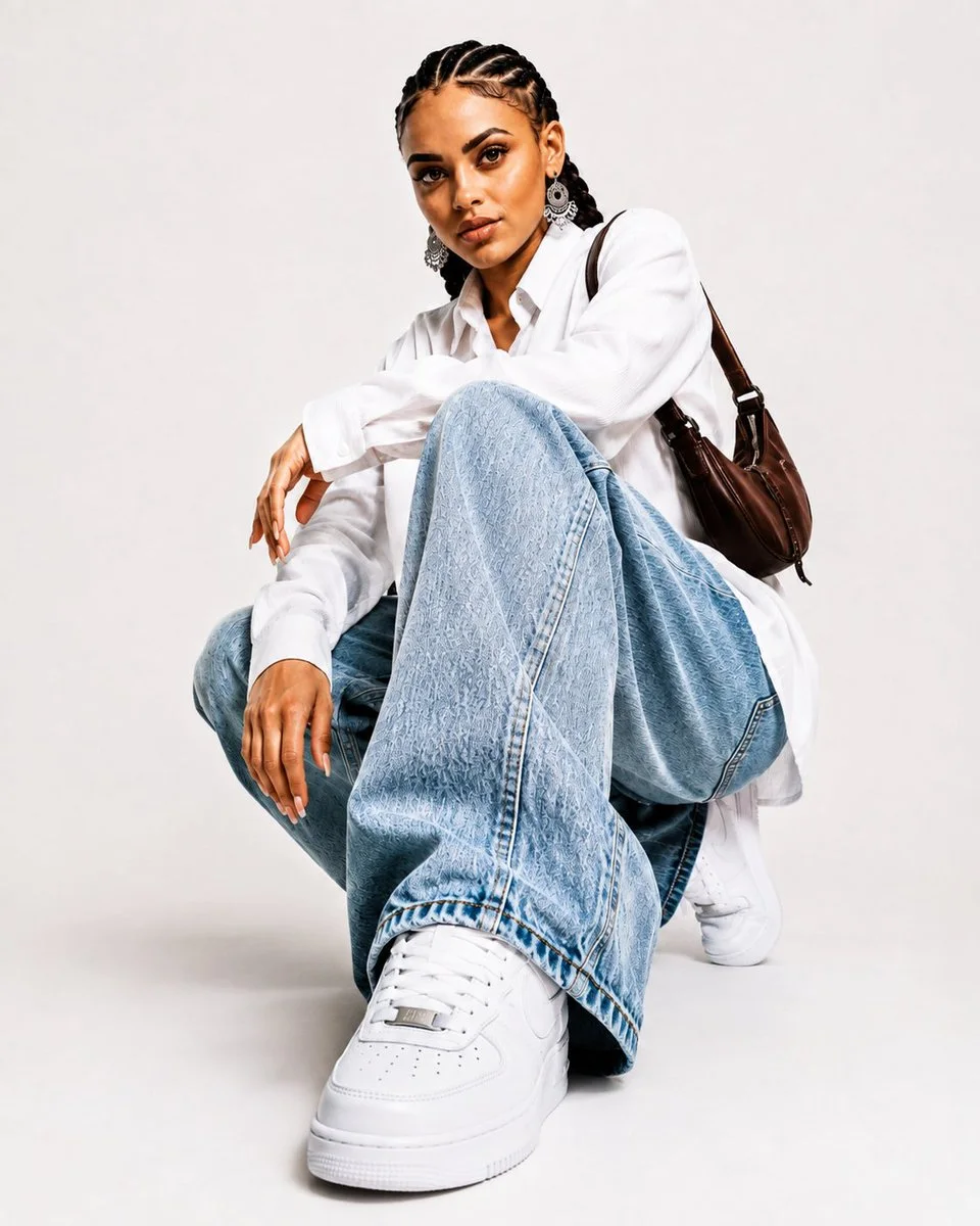 A low-angle streetwear editorial portrait of a braided-hair model crouching in a white shirt, light-wash jeans, white sneakers, large silver earrings, and dark leather shoulder bag on a warm-white cyclorama.