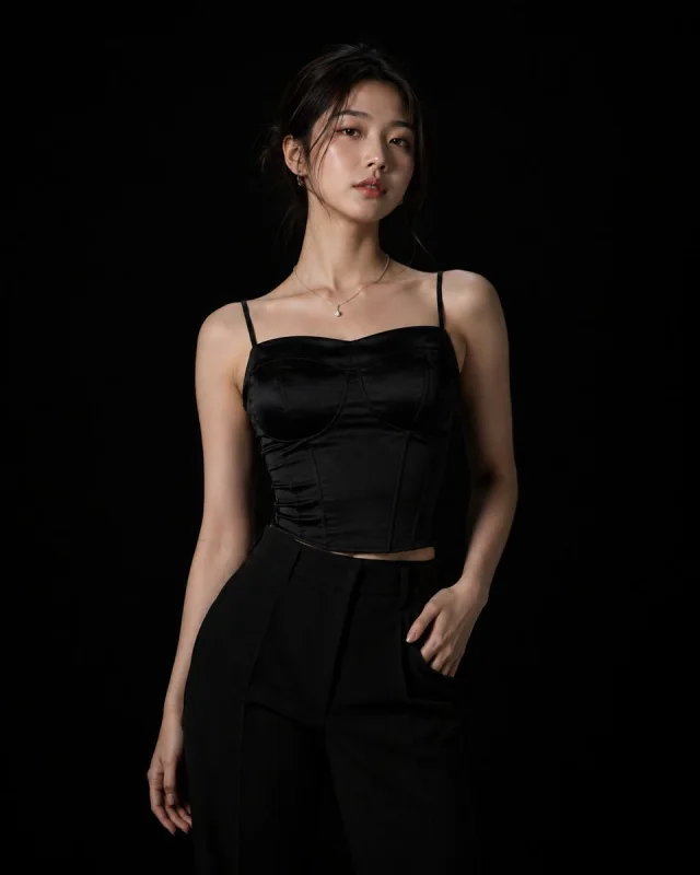 A photorealistic high-fashion studio portrait of a young Korean woman in a black satin corset-style top and black trousers against a matte black background with minimal directional key light.