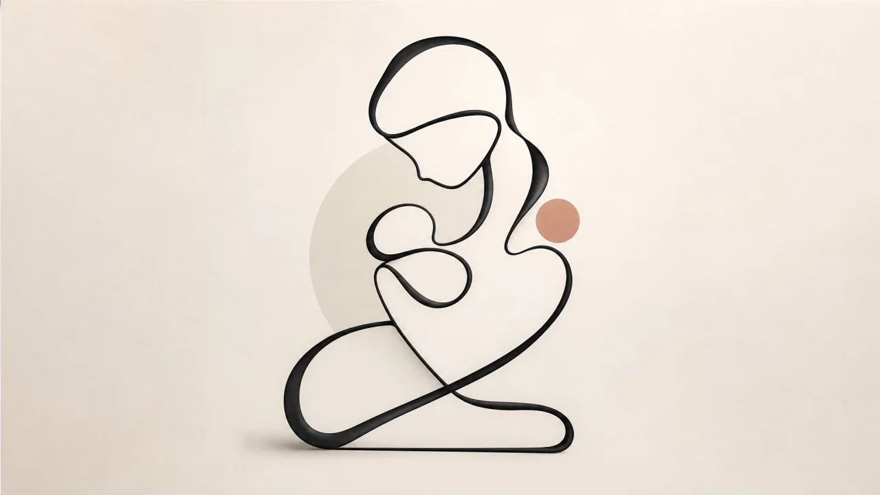 A minimalist continuous-form illustration of a seated mother-and-child-like figure made from one black sculptural line, with beige geometric circle and muted peach dot on a cream background.