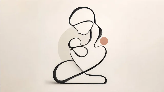 A minimalist continuous-form illustration of a seated mother-and-child-like figure made from one black sculptural line, with beige geometric circle and muted peach dot on a cream background.