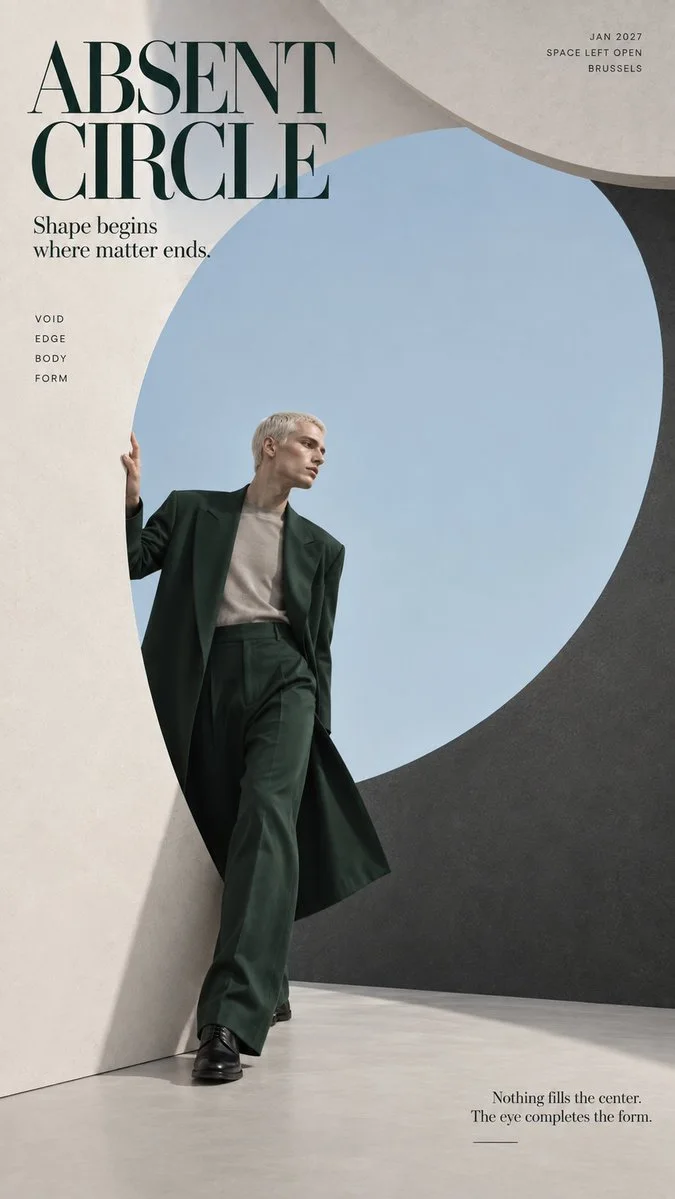 ABSENT CIRCLE: a platinum-haired man in forest-green tailoring stands inside a circle implied by bone-white and graphite negative space.