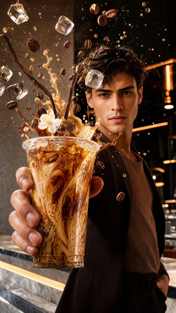 A premium beverage advertisement variation with a crystal-clear cup hero, condensation, and a stylish subject in the distance.