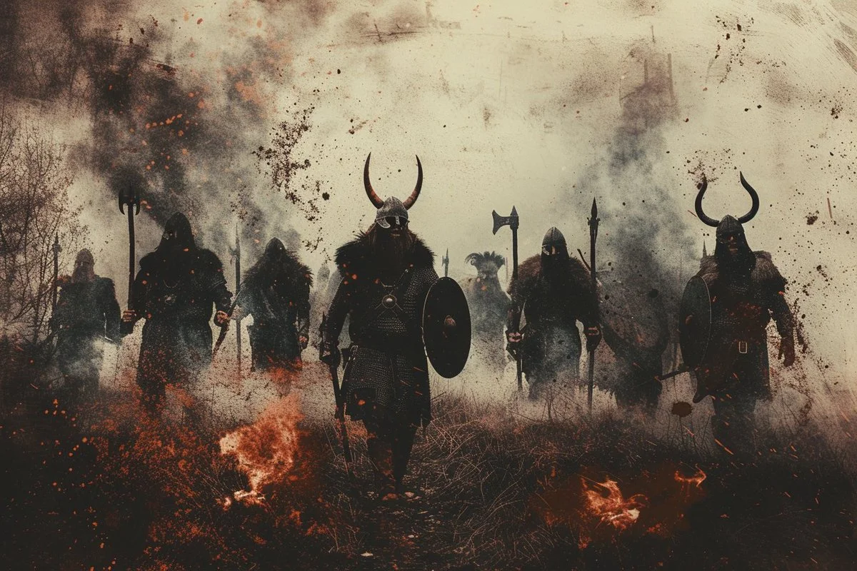 A Viking army advancing through smoke and fire in a haunting illustrated Polaroid style.