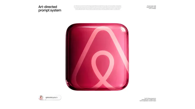 A pink rounded-square solid-glass Airbnb-style icon with a pale internal logo form on a clean white art-directed prompt system layout.