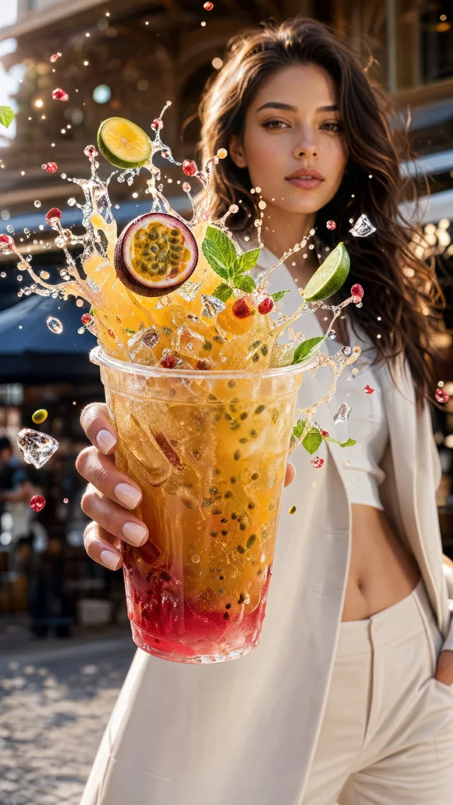A 9:16 luxury beverage ad with an oversized foreground cup, dynamic liquid splash, floating ingredients, and a fashion model behind.