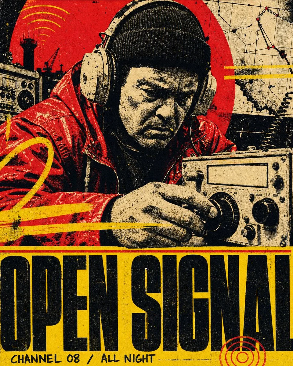 A gritty four-ink halftone screen-print poster titled OPEN SIGNAL, showing a radio operator in headphones tuning equipment with black posterized portrait, red spotlight, yellow title band, technical markings, and distressed paper grain.