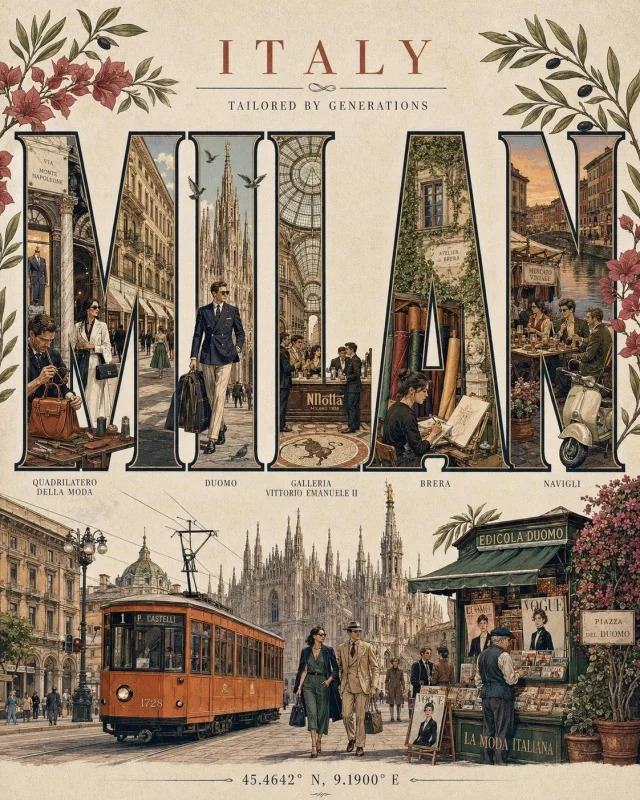 A fashion capital typographic poster where huge serif city letters are filled with landmarks, native flora, and a small elegant fashion figure.