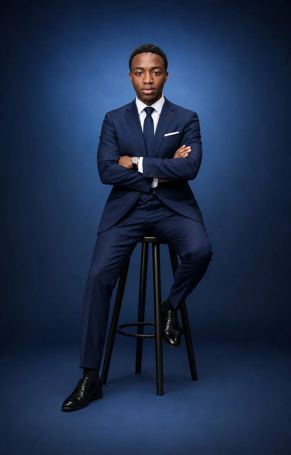 An ultra-realistic full-body executive studio portrait of a confident man seated on a tall black stool, wearing a deep navy suit, white shirt, navy tie, pocket square, watch, and black Oxford shoes, arms crossed against a navy-to-royal-blue gradient backd