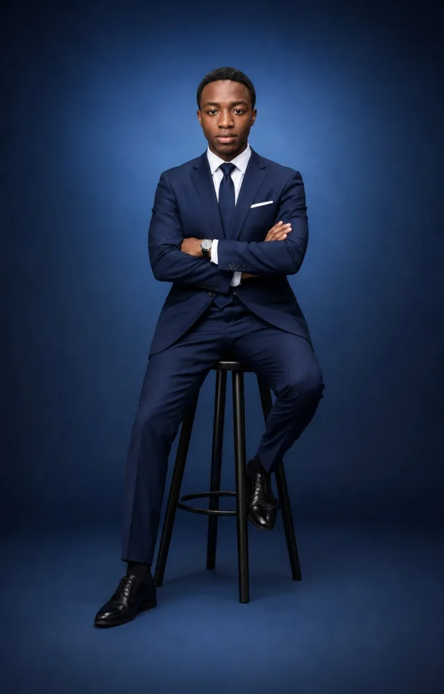 An ultra-realistic full-body executive studio portrait of a confident man seated on a tall black stool, wearing a deep navy suit, white shirt, navy tie, pocket square, watch, and black Oxford shoes, arms crossed against a navy-to-royal-blue gradient backd