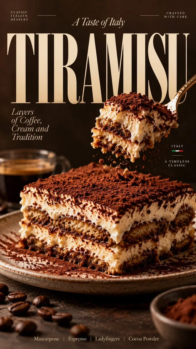 Premium tiramisu editorial poster with oversized elegant serif `TIRAMISU` typography, a plated slice, lifted spoonful, and ingredient details.