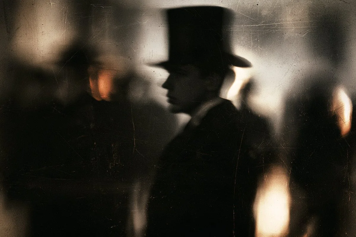 A top-hatted gentleman rendered like a scratched, grainy gray silent-film dream with amber accents.