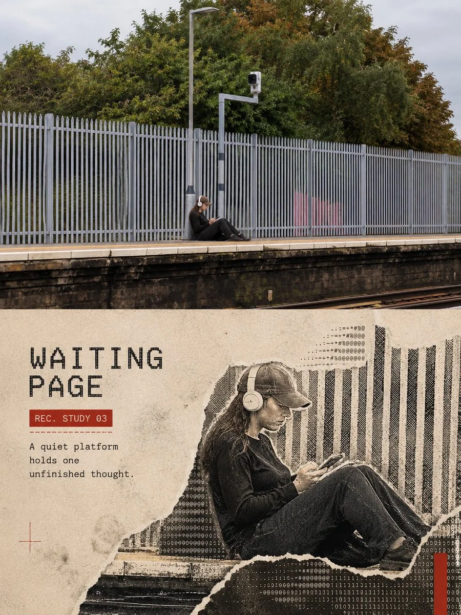 A waiting-platform poster with a top photo and lower ASCII halftone collage showing a seated commuter reading headphones on.