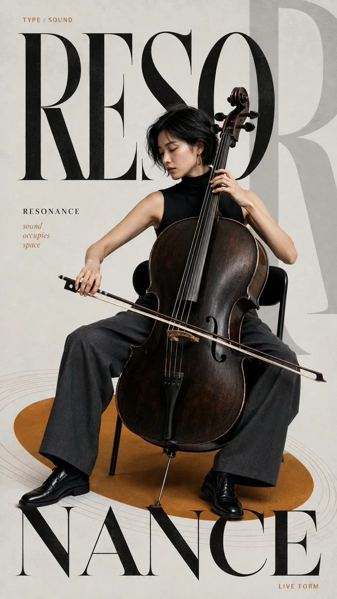 A 9:16 RESONANCE music editorial poster with a cellist occupying space around large cropped typography and a muted amber accent.