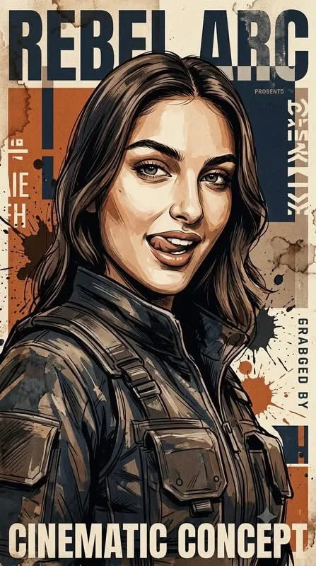 A cinematic concept-art poster of a woman in tactical clothing on a distressed orange-and-navy background with bold typography.
