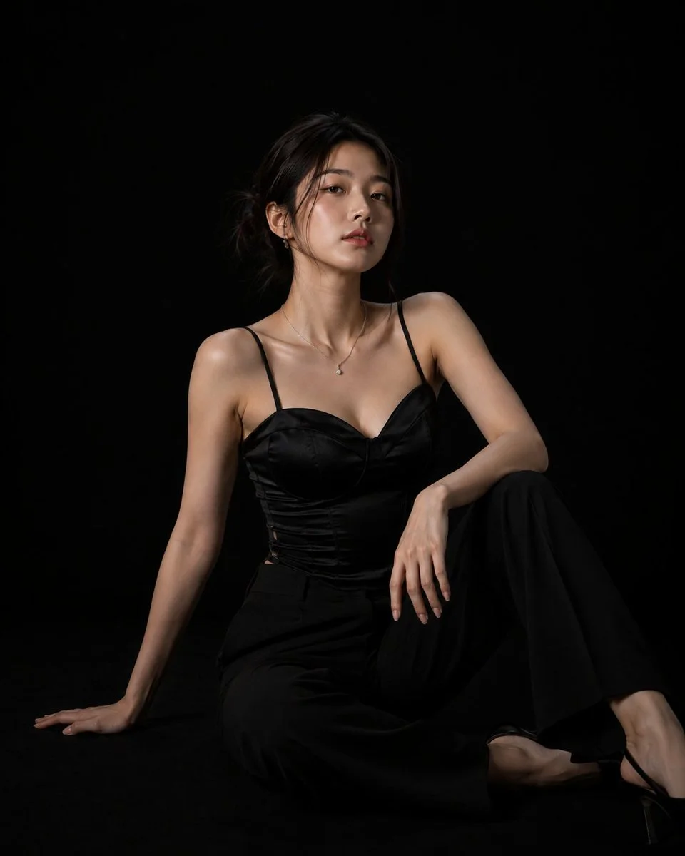 A seated low-key studio fashion portrait of the same woman in black satin corset top and tailored trousers against a seamless black background.
