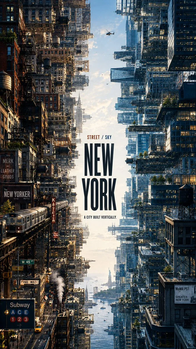 A premium 9:16 two-sided New York editorial poster, with older street-level architecture on one side and glass skyscrapers on the other, separated by an atmospheric central corridor with NEW YORK typography.