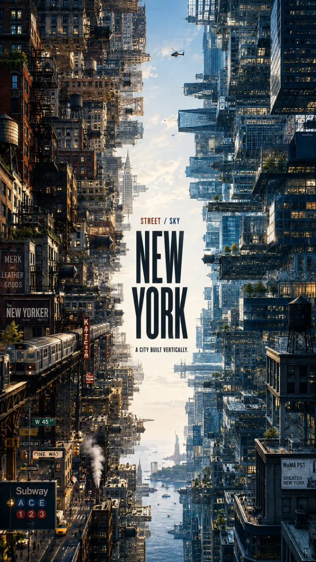 A premium 9:16 two-sided New York editorial poster, with older street-level architecture on one side and glass skyscrapers on the other, separated by an atmospheric central corridor with NEW YORK typography.