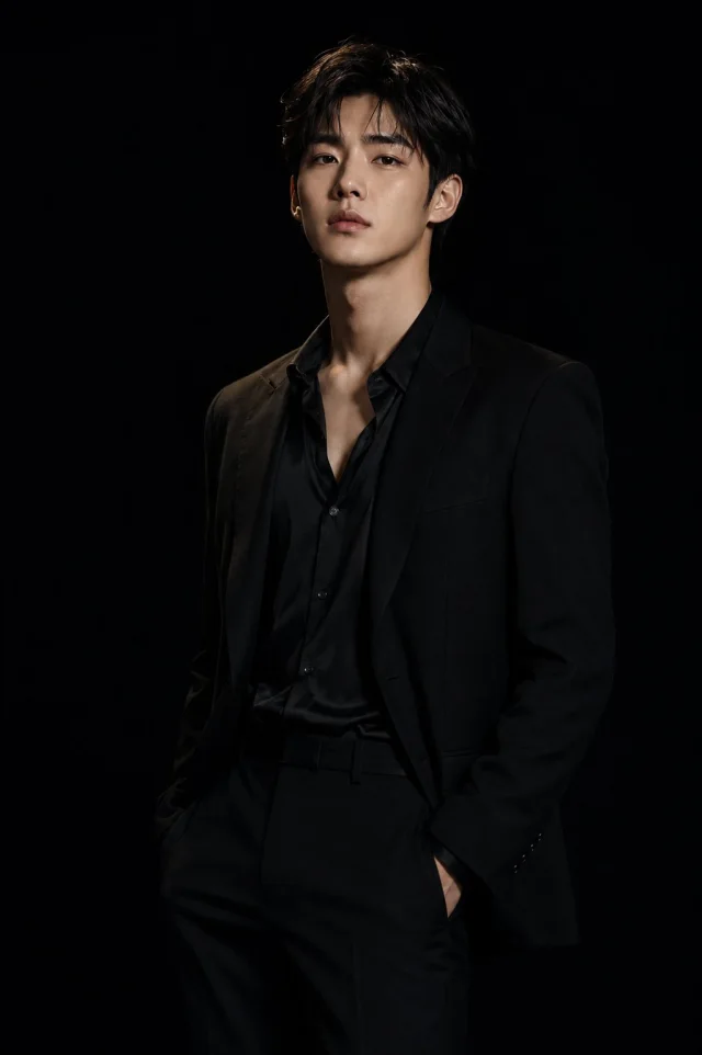 An ultra-realistic high-fashion studio portrait of a young Korean man in a black tailored suit and open black silk shirt, standing against a deep matte-black background with minimal cinematic lighting.