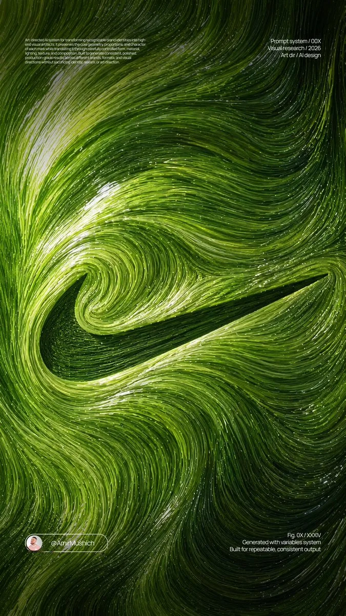 A green viscous fiber-flow relief visualization of a Nike-style swoosh embedded into dense wet material filaments with coherent curved streamlines and glossy highlights.