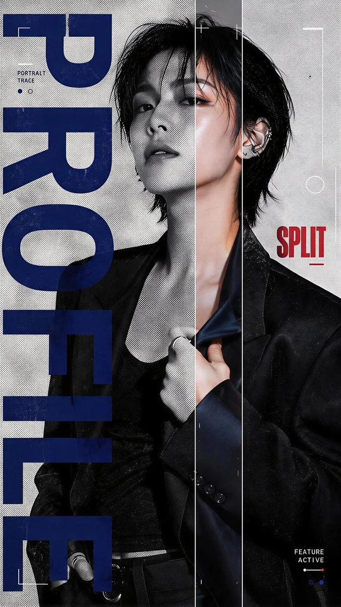 A Split Profile experimental character poster with a black-and-white halftone waist-up portrait, a vertical color scan strip through the face and torso, giant blue PROFILE typography, and cool editorial dossier styling.