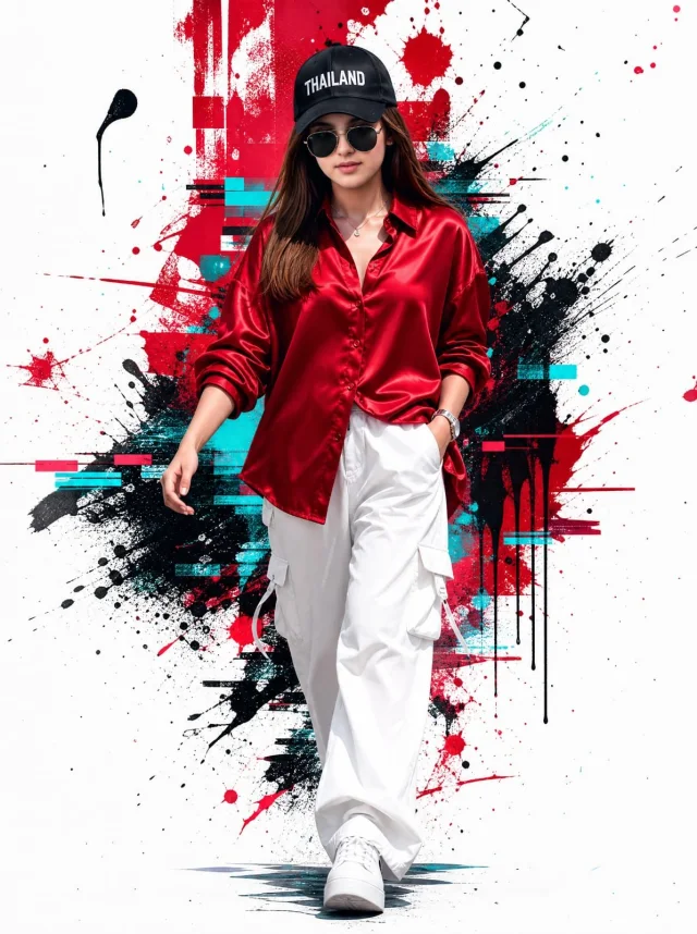 A full-body fashion editorial image of a young woman in a red satin shirt, white cargo pants, white sneakers, sunglasses, and a black THAILAND cap, walking in front of red, black, and cyan paint splashes.